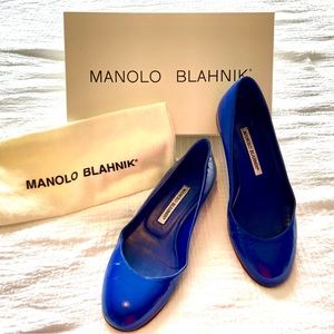 Manolo Blahnik Blue Patent Leather Ballet Flats Size 37